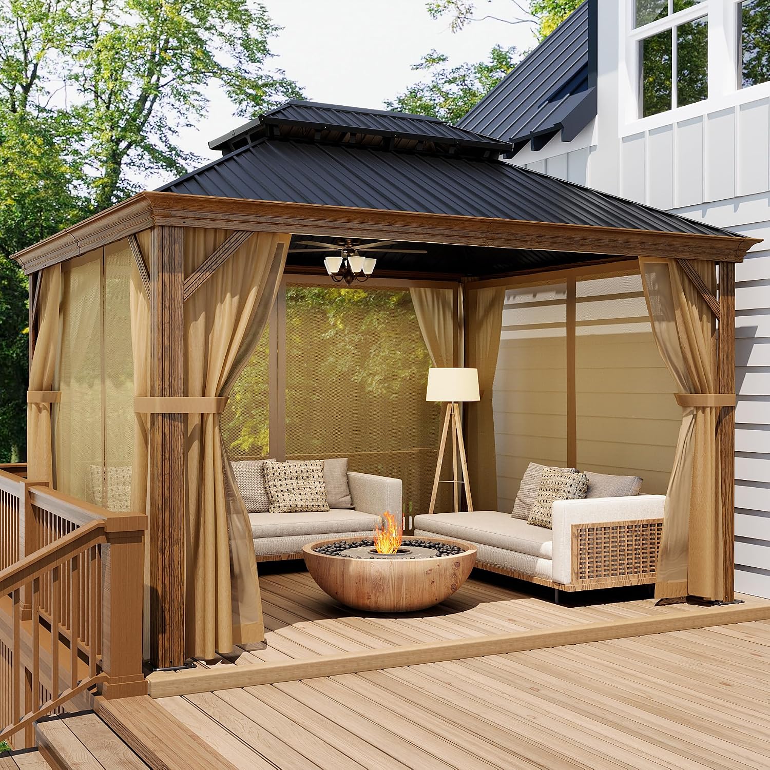 COSIEST 10X12 FT Hardtop Gazebo Rustproof Double Roof Metal Gazebo with Woodgrain Steel Columns & Netting Curtains Poolside,Deck,BBQ Area (Wooden Look)