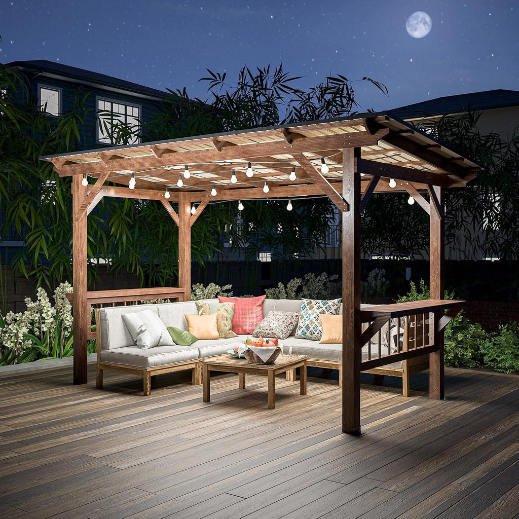 KEIKI 13' x 6.5' Wooden Grill Gazebo Metal Roof, Bulbs, Bar Counters, Patio Hardtop Grill Pergola, BBQ Canopy for Outdoor Patio, Lawn, Garden, Backyard