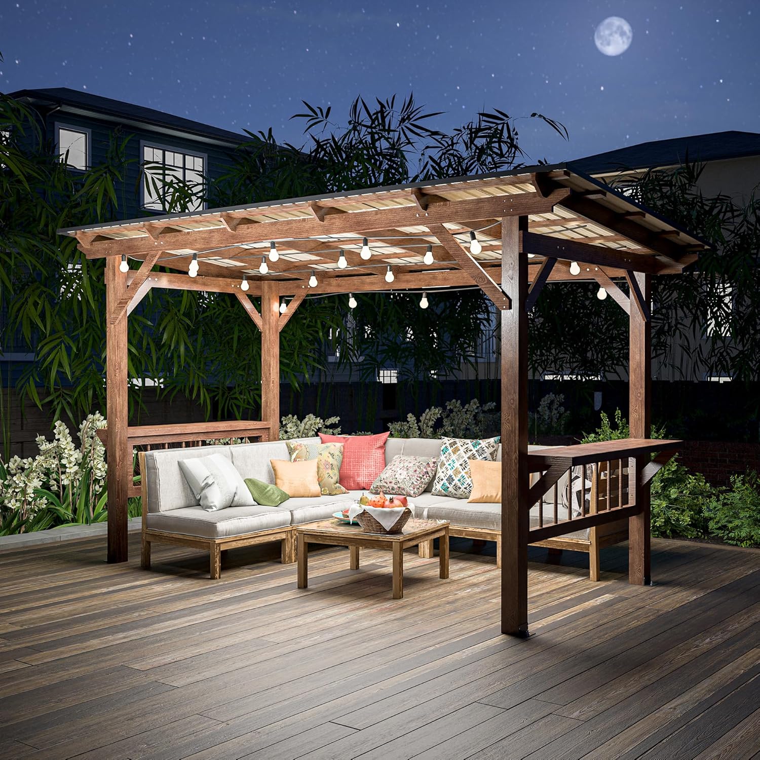 CIATRE 13' x 6.5' Spacious Wooden Pergola Grill Gazebo with Metal Roof, Built-in Bulbs, Bar Counters, and Expansion Mounting Hardware - Perfect for Outdoor Barbecue, Patio, Backyard, and Poolside