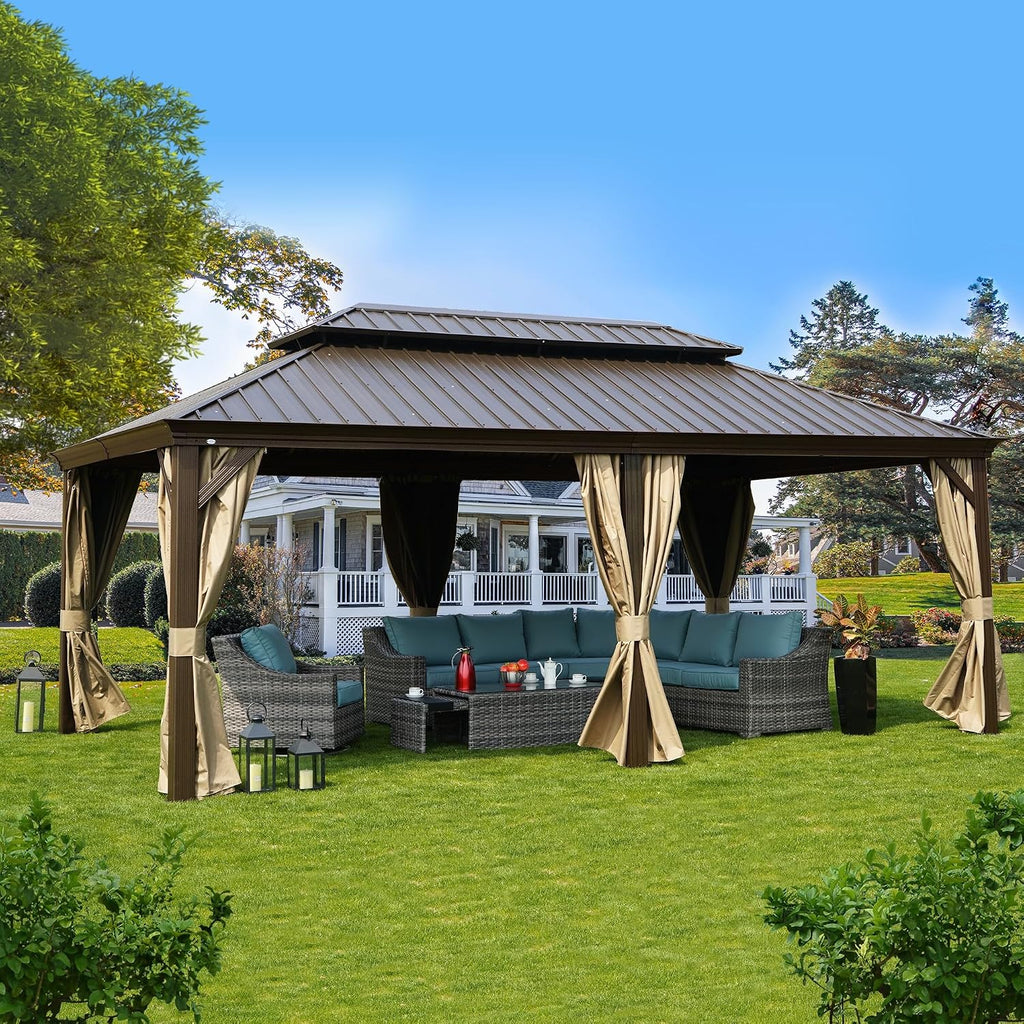 Kozyard Alexander 12' x 20' Hardtop Gazebo, Aluminum Frame with Galvanized Steel Double Roof, Outdoor Permanent Pavilion with Curtains and Netting for Patio, Backyard, Deck, Lawn (Brown)