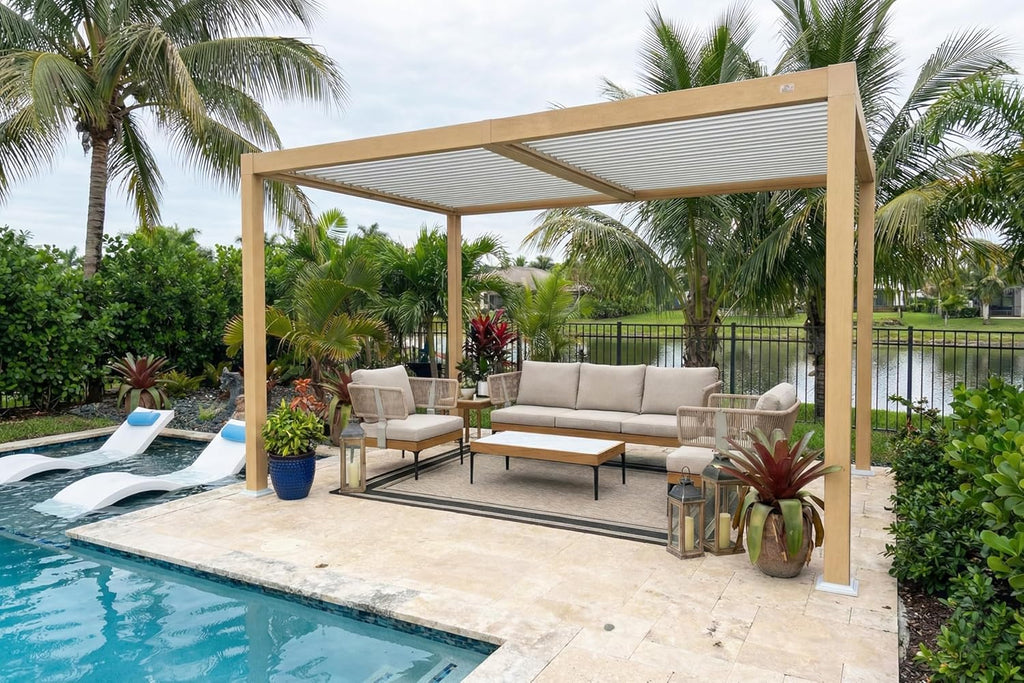 PURPLE LEAF 10' x 12' Louvered Pergola Outdoor Wood Grain Aluminum Pergola with Adjustable Roof Retractable Patio Rainproof Hardtop Gazebo for Deck Backyard Garden