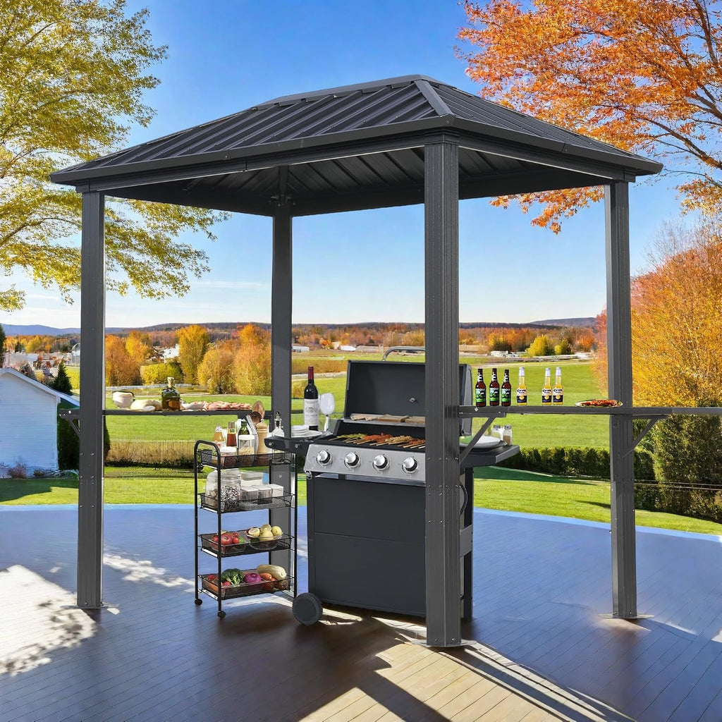 Endark 8x5FT Outdoor Grill Gazebo with Two Metal Shelves,BBQ Gazebo Single Roof with Aluminum Structure and Galvanized Steel Roof, Outdoor Permanent Hardtop Grill Canopy for Patio, Garden, Backyard
