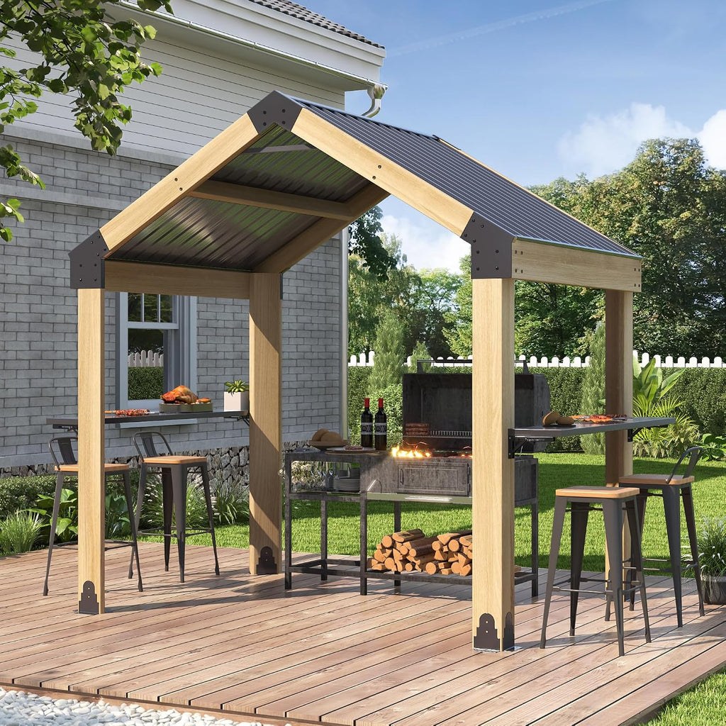 GARTOO 7.7'x5.7' Outdoor Grill Wood Gazebo - Hardtop Gazebo with 2 Side Shelves and Galvanized Steel Roof, Patio Wooden BBQ Pergola for Garden, Porch and Backyard