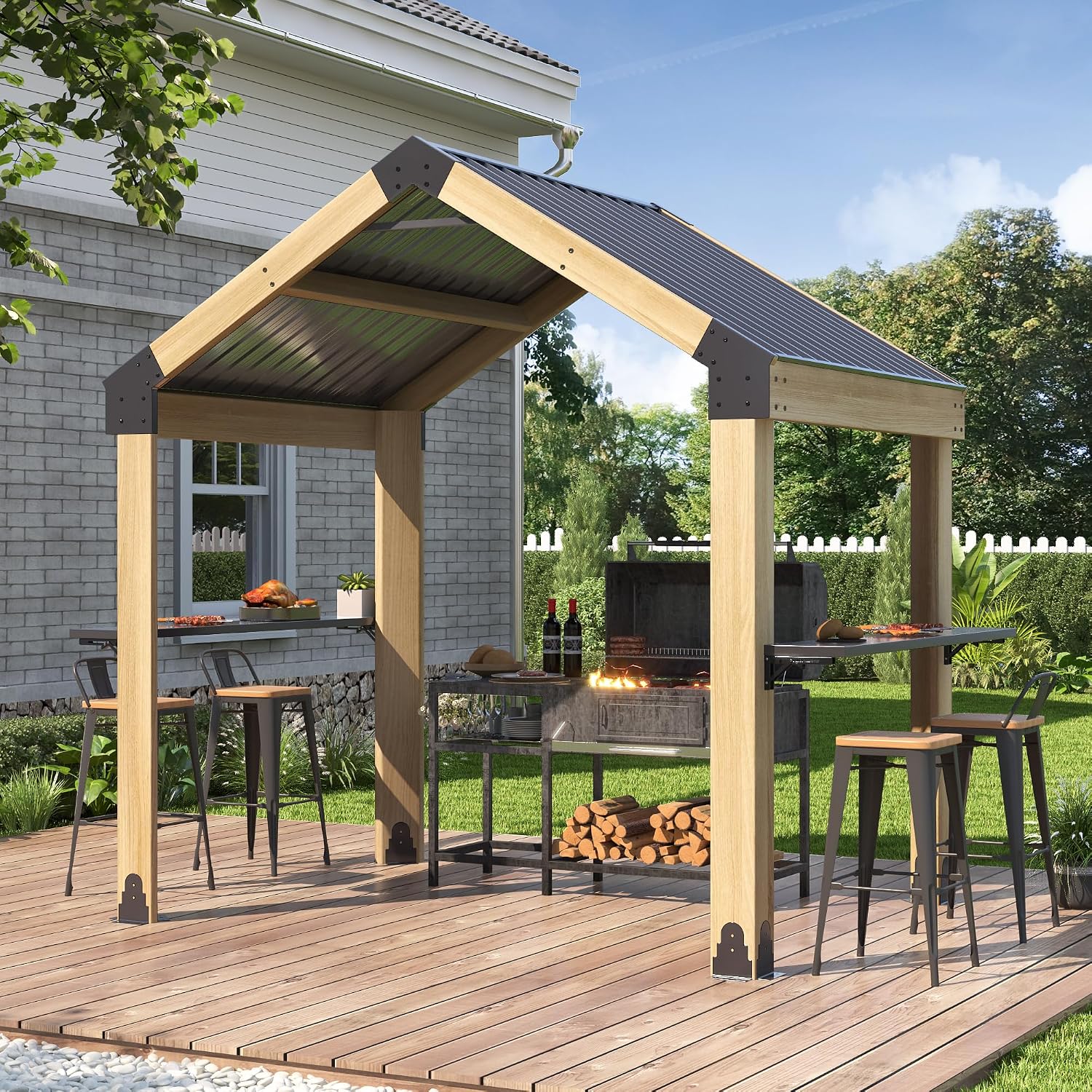 GARTOO 7.7'x5.7' Outdoor Grill Wood Gazebo - Hardtop Gazebo with 2 Side Shelves and Galvanized Steel Roof, Patio Wooden BBQ Pergola for Garden, Porch and Backyard