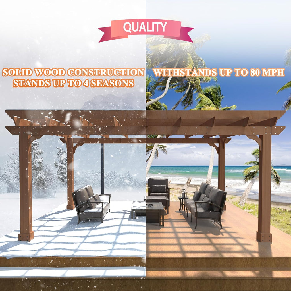 Yardenaler 12x14 FT Wooden Pergola with Flat Roof, Cedar Wood Gazebo with Stakes Included, Outdoor Garden Shelter for Patio, Deck, Backyard, Lawn