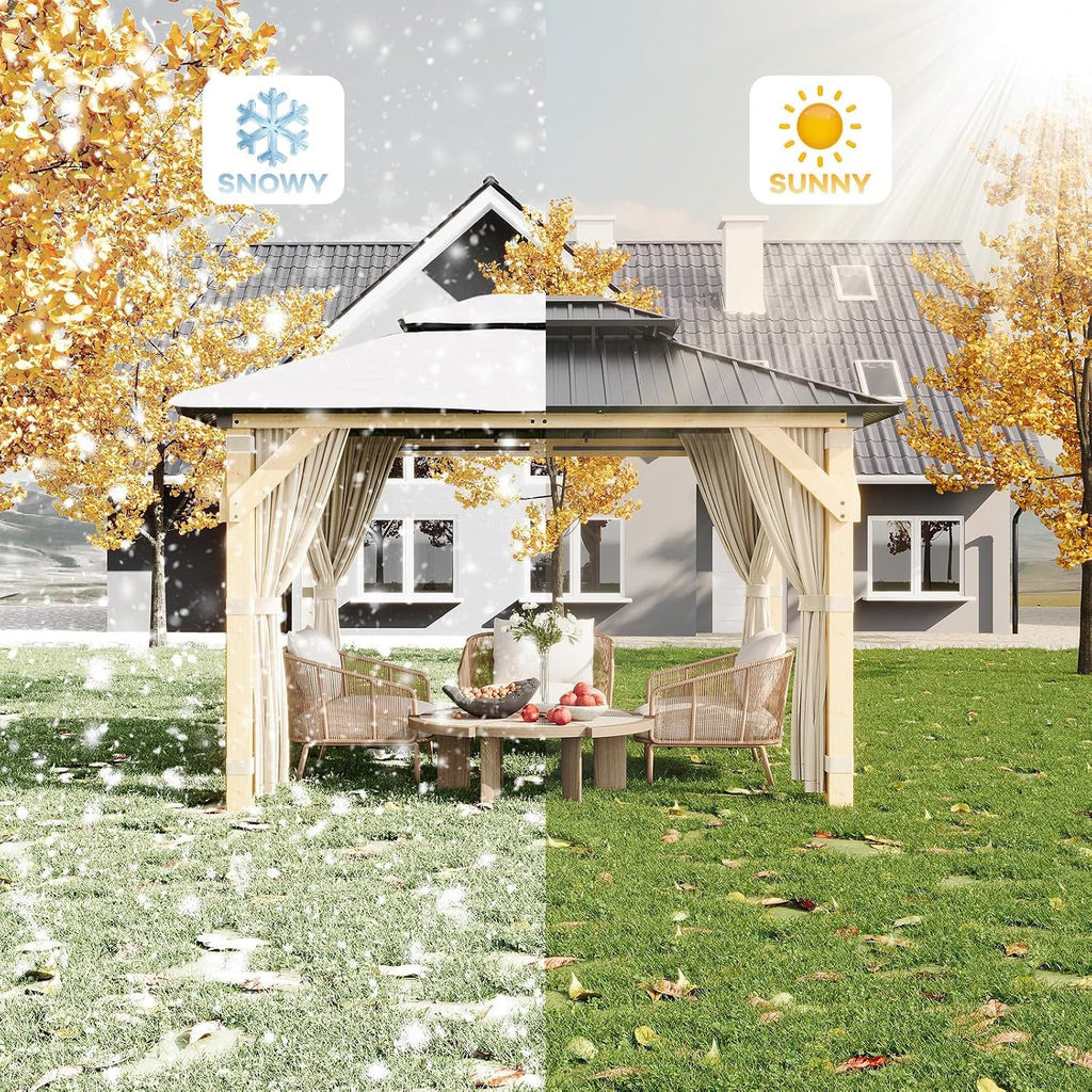 10 x 12 Ft Wood Gazebo, Upgrade Wooden Frame, Double Galvanized Steel Roof, Hardtop Gazebo with Nettings and Curtains for Backyard, Patio, Garden and Lawn, Khaki
