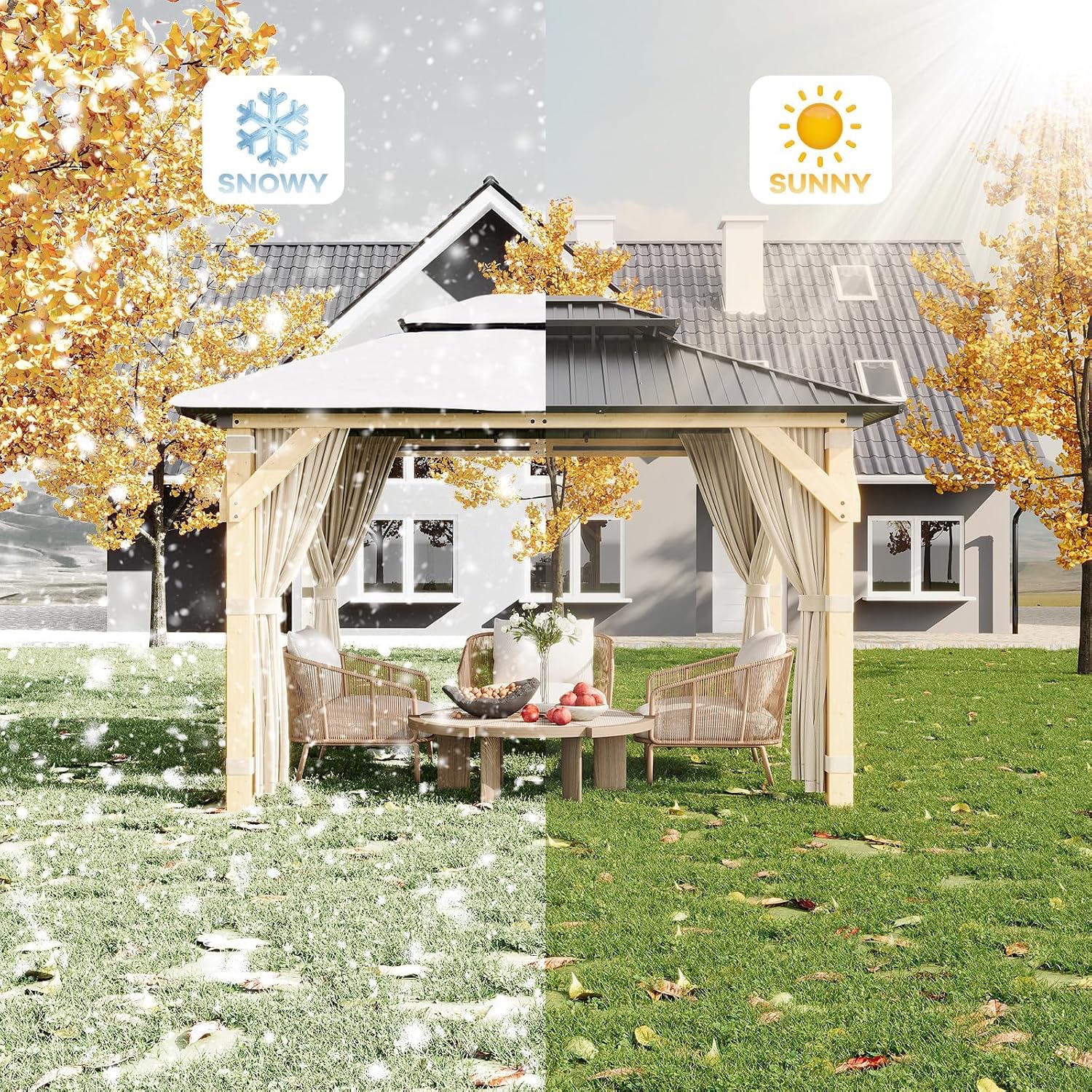 10 x 12 Ft Wood Gazebo, Upgrade Wooden Frame, Double Galvanized Steel Roof, Hardtop Gazebo with Nettings and Curtains for Backyard, Patio, Garden and Lawn, Khaki