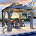 10'x10' Hardtop Gazebo, Outdoor Double Roof Galvanized Steel Gazebos, Aluminum Frame Permanent Pavilion with Curtains & Netting for Backyard, Patio, Deck