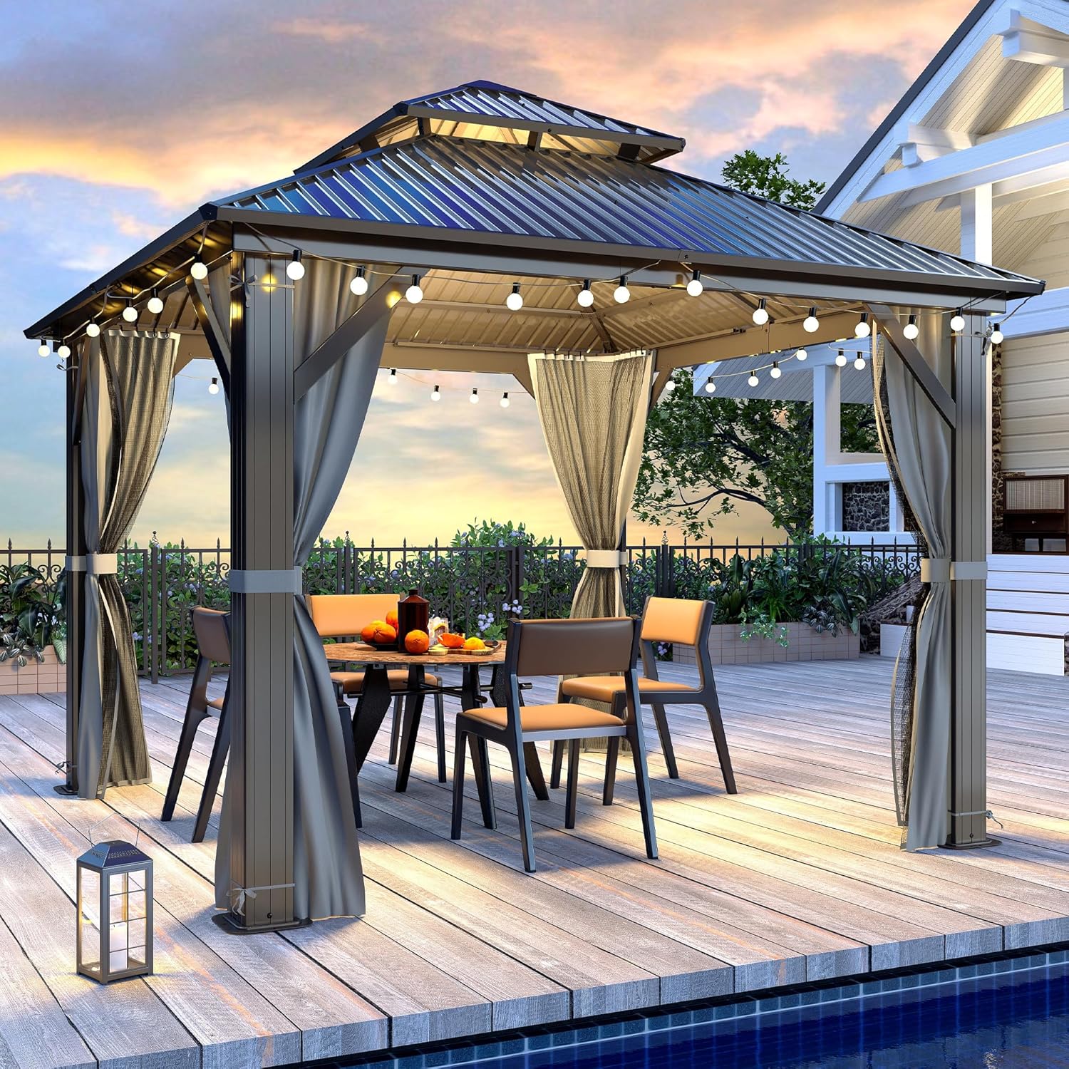 10'x10' Hardtop Gazebo, Outdoor Double Roof Galvanized Steel Gazebos, Aluminum Frame Permanent Pavilion with Curtains & Netting for Backyard, Patio, Deck