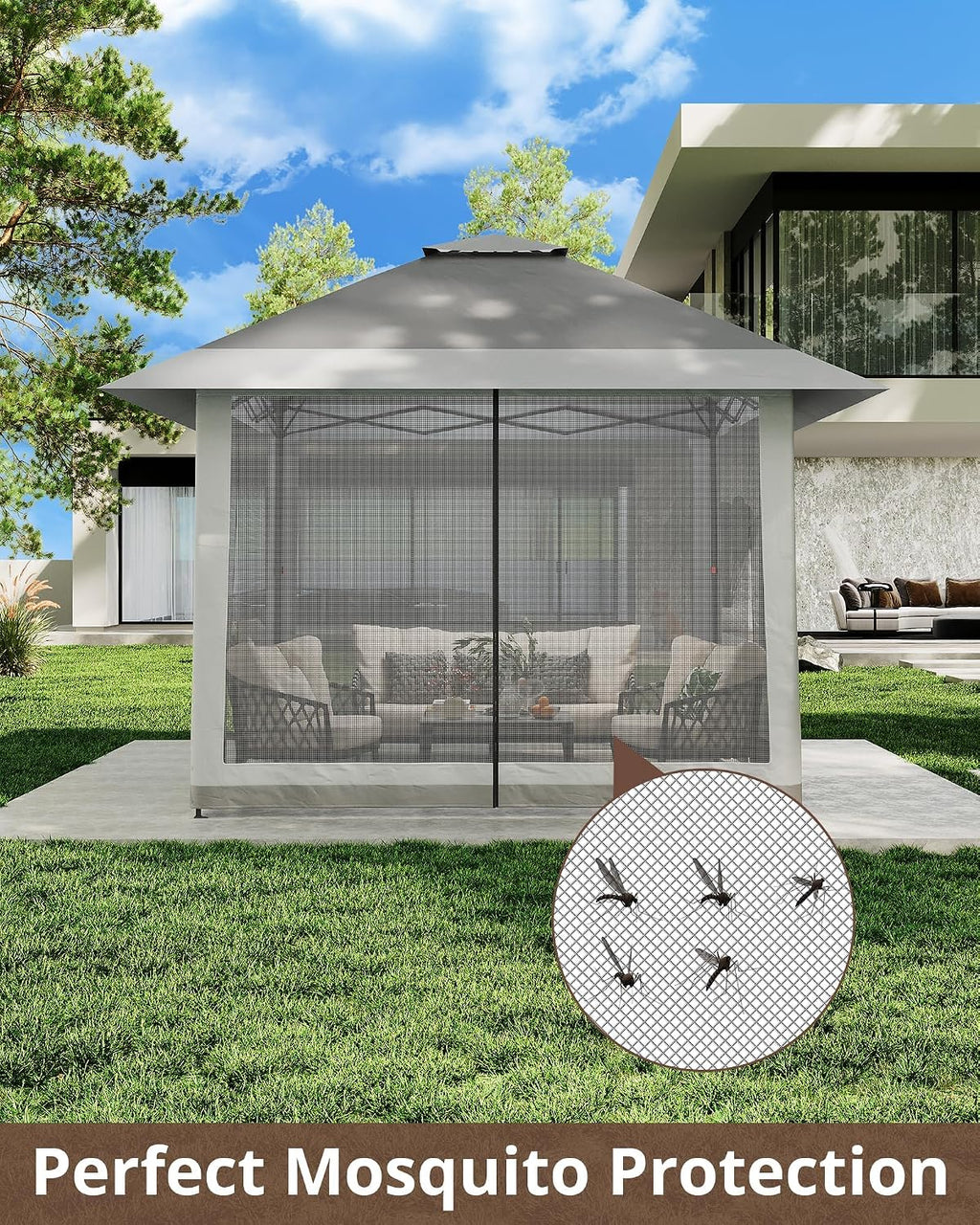 13x13ft Popup Hexagonal Gazebo with Mosquito Net, Adjustable Outdoor Hexagonal Canopy with Portable Handbag for Garden/Backyard/Patio - Gray (Gray)