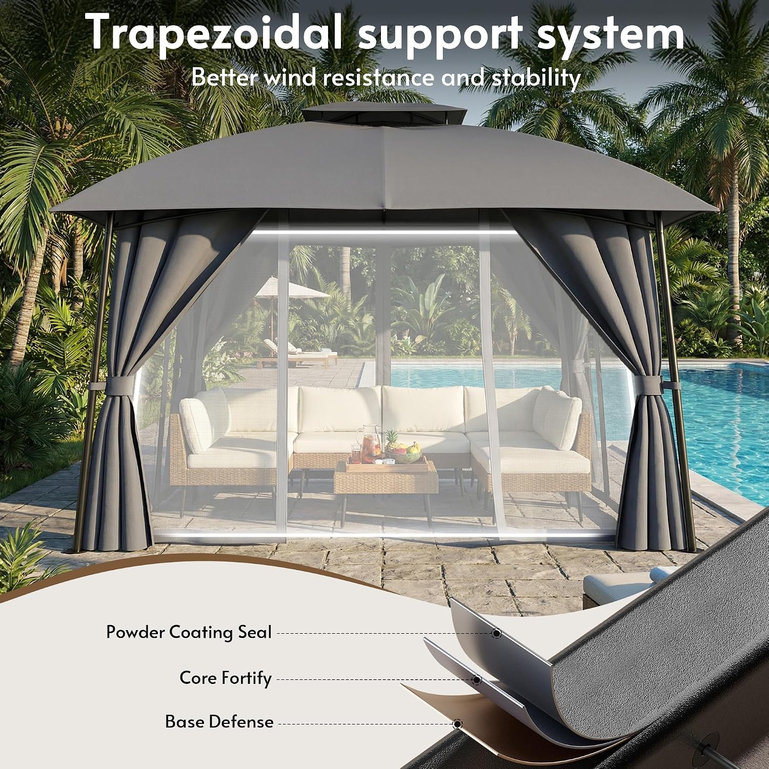 Outdoor Patio Gazebo 10x12, Heavy Duty Metal Frame Canopy Tent Shelter with Double Roof Design, Patio Gazebo with Mosquito Nettings and Privacy Screens for Backyard, Deck, Garden (Dark Grey)