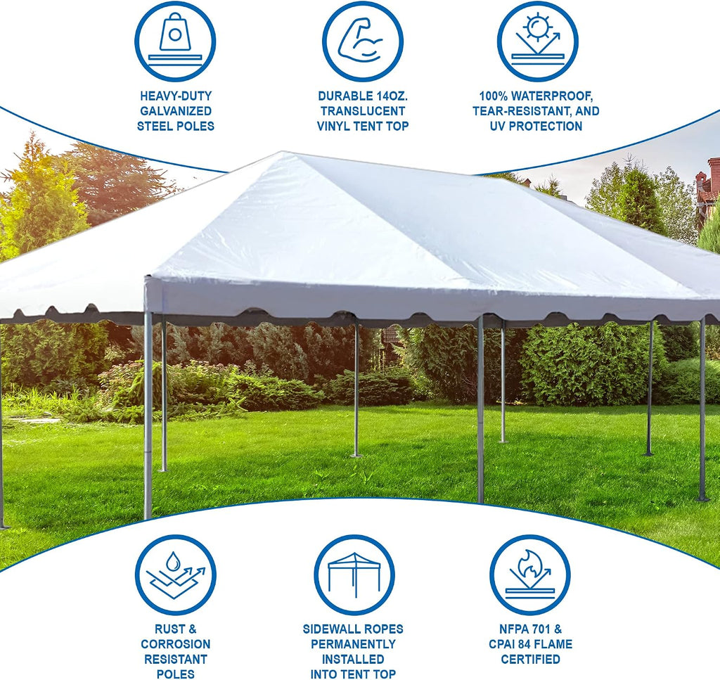 Party Tents DIRECT 20' x 30' Weekender West Coast Frame Style Party Tent | White PVC Top | for Weddings, Graduations, Banquets, and Events