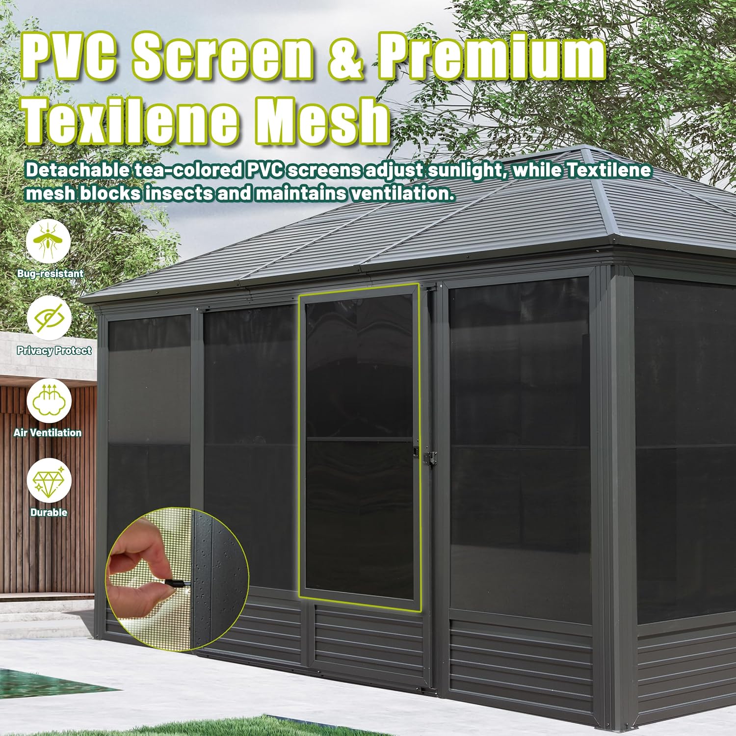 Domi 11.2x14.6FT Solarium Sunroom Kit, Outdoor Enclosed Patio Sunroom Gazebo with Aluminum Frame, Permanent Freestanding Hardtop Gazebo with 2 Sliding Doors (Front and Rear), Movable PVC Windows