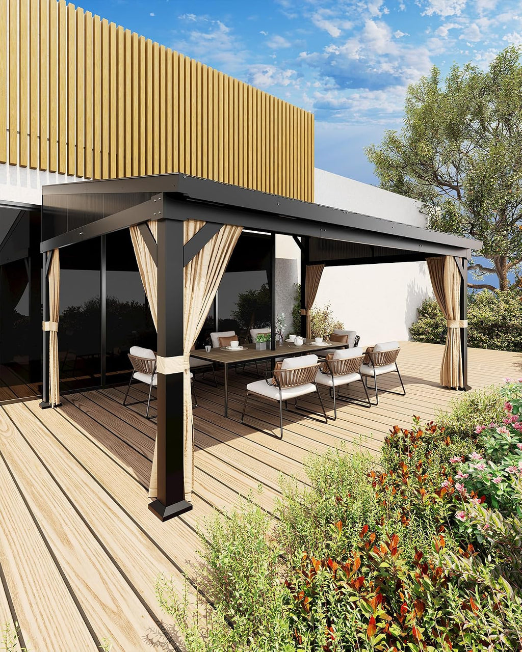 10'x14' Wall-Mounted Lean-to Gazebo with Galvanized Steel Roof, Gutters & Sliding Netting/Curtains – Hardtop Metal Pergola Canopy for Patio, Backyard, Garden, or Carport – Weather-Resistant & Durable
