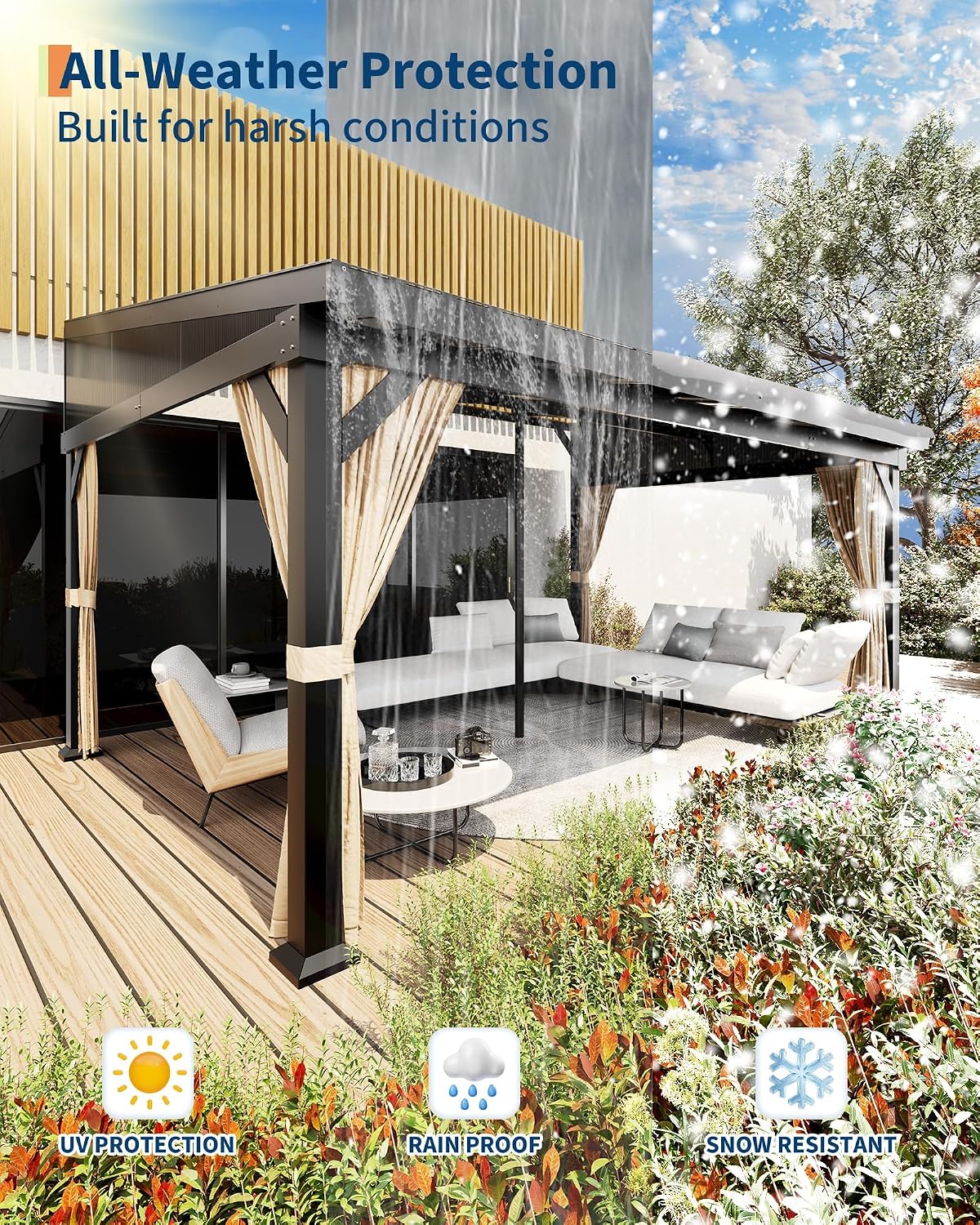 10'x14' Wall-Mounted Lean-to Gazebo with Galvanized Steel Roof, Gutters & Sliding Netting/Curtains – Hardtop Metal Pergola Canopy for Patio, Backyard, Garden, or Carport – Weather-Resistant & Durable