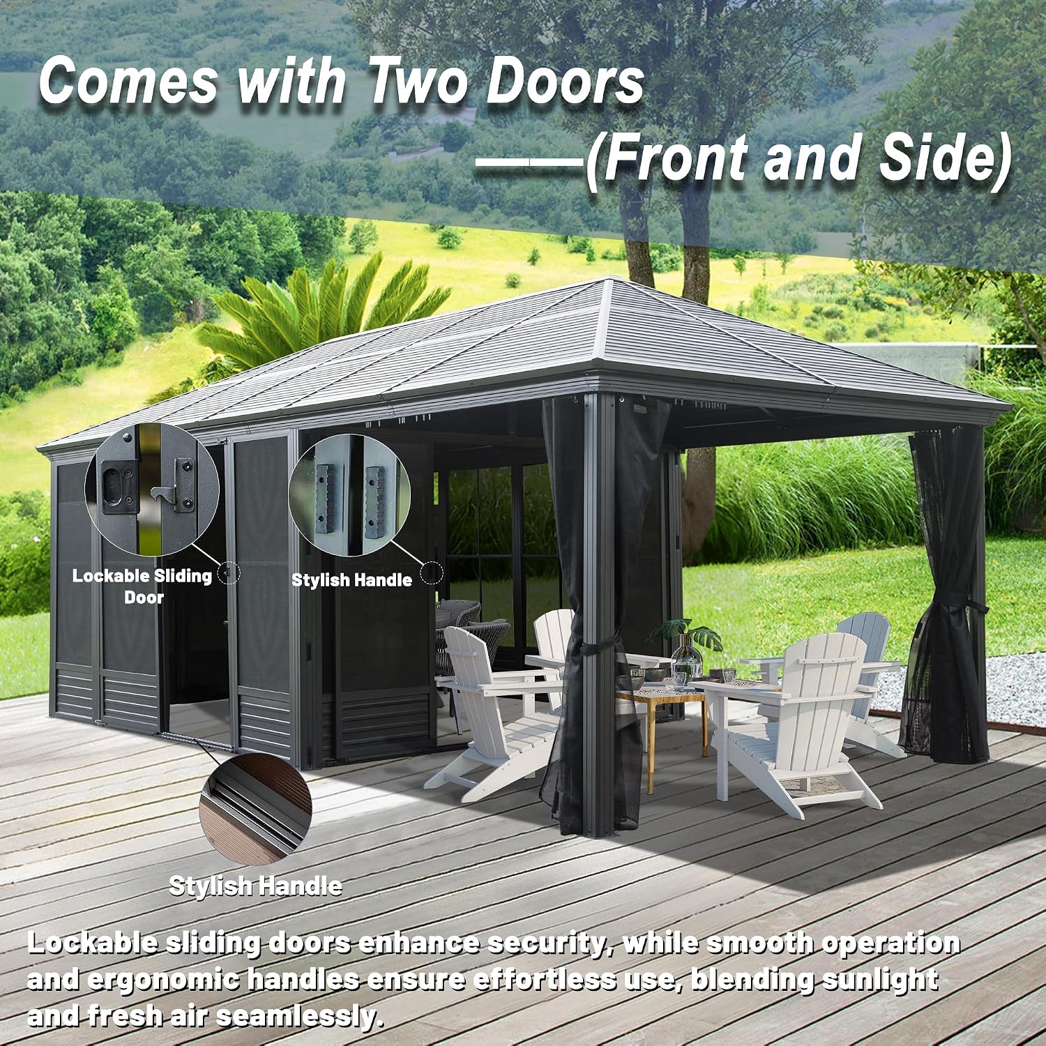 Domi 11x21FT Extended Outdoor Sunroom Kit, 4 Season Patio Solarium, Prefab Sunroom Kit with Aluminum Frame, Permanent Enclosed Gazebo with Curtains & Netting, 2 Sliding Doors, Movable PVC Windows