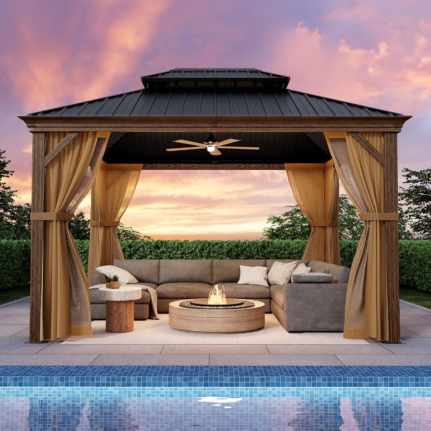 COSIEST 10X12 FT Hardtop Gazebo Rustproof Double Roof Metal Gazebo with Woodgrain Steel Columns & Netting Curtains Poolside,Deck,BBQ Area (Wooden Look)
