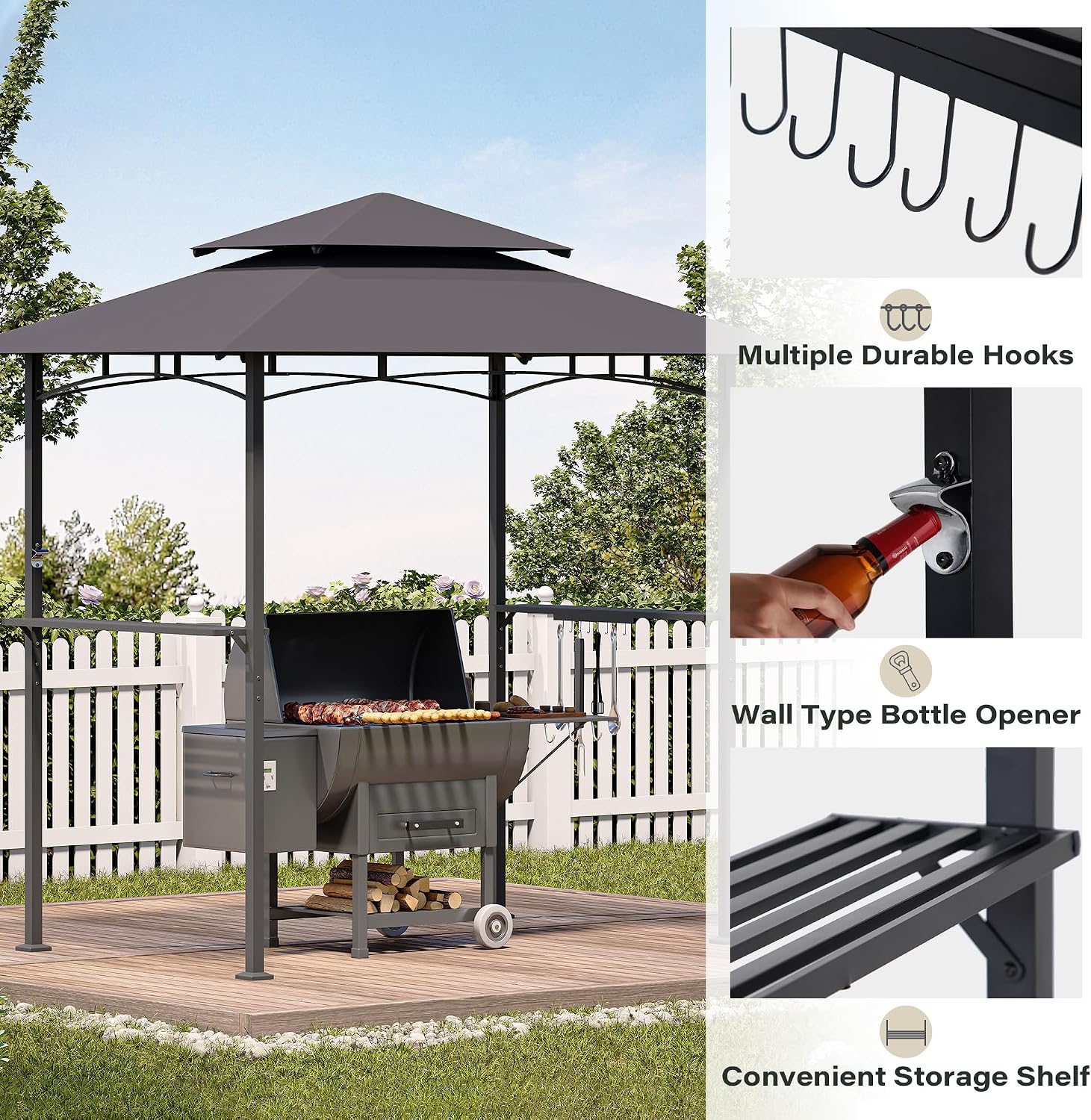 LAUSAINT HOME 8x5 FT Outdoor Grill Gazebo Canopy, BBQ Gazebo with 2-Tier Vented Top, 2 Durable Shelves & Metal Frame Grill Shelter - Perfect for Grilling and Picnics, Dark Gray