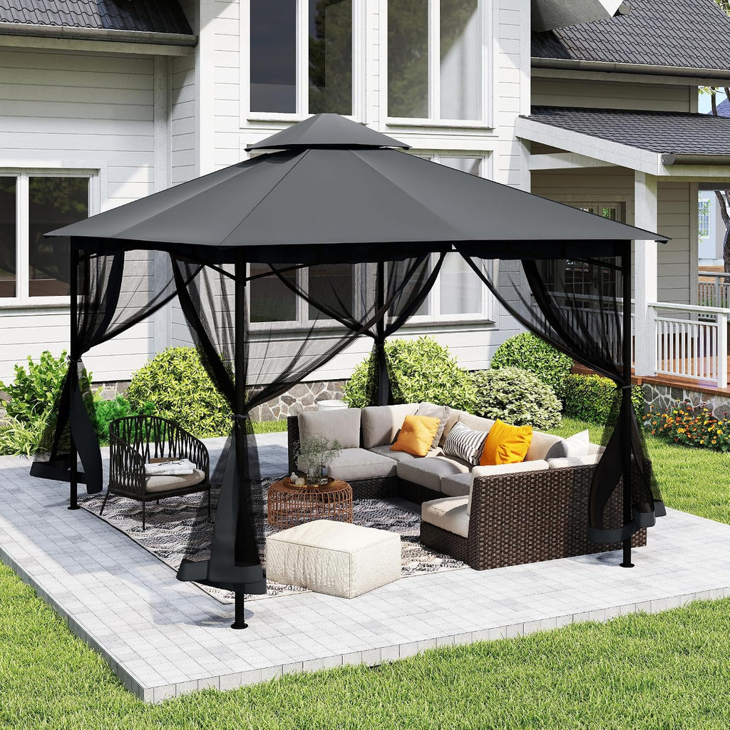 12' X 12' Patio Gazebo with Ventilation Double Roof, Outdoor Gazebo with Removable Mosquito Netting, Easy Up Metal Outdoor Canopy Shelter for Backyard, Garden, Lawn, Grey