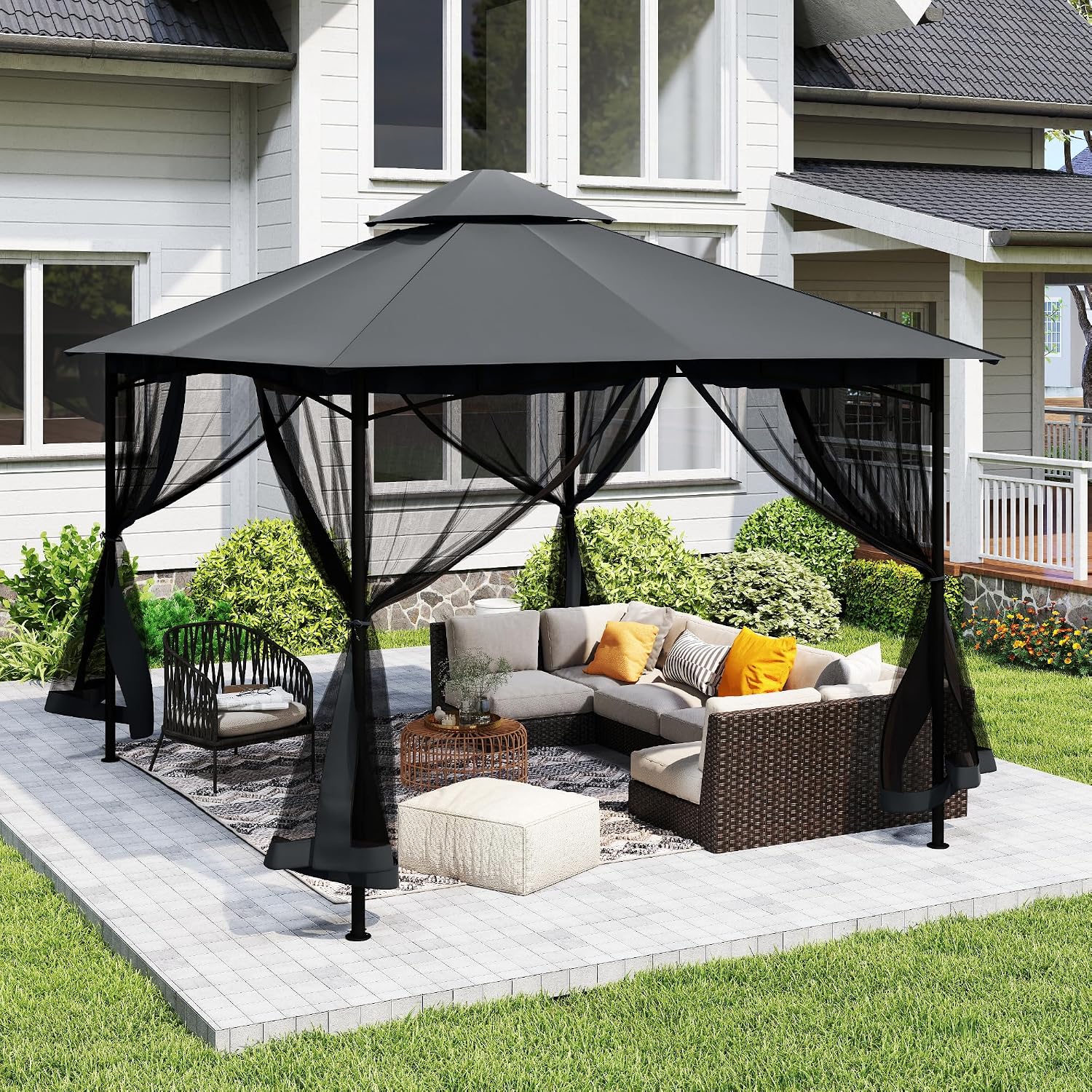 12' X 12' Patio Gazebo with Ventilation Double Roof, Outdoor Gazebo with Removable Mosquito Netting, Easy Up Metal Outdoor Canopy Shelter for Backyard, Garden, Lawn, Grey