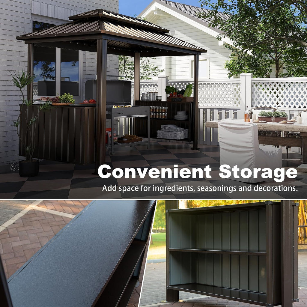 Domi 6x10FT Hardtop Grill Gazebo, Outdoor BBQ Gazebo with Double Galvanized Steel Roof, Patio Grill Canopy with 2 Cabinets and Ceiling Hooks for Backyard, Lawn, Garden, Brown