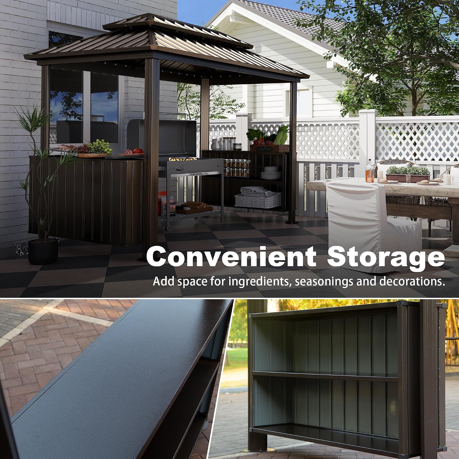 Domi 6x10FT Hardtop Grill Gazebo, Outdoor BBQ Gazebo with Double Galvanized Steel Roof, Patio Grill Canopy with 2 Cabinets and Ceiling Hooks for Backyard, Lawn, Garden, Brown