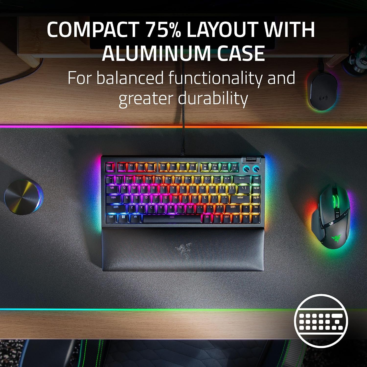 Razer BlackWidow V4 75% Mechanical Gaming Keyboard: Hot Swappable Design - Compact & Durable - Orange Tactile Switches - Chroma RGB - Roller & Media Keys - Wrist Rest Snap Tap - Black