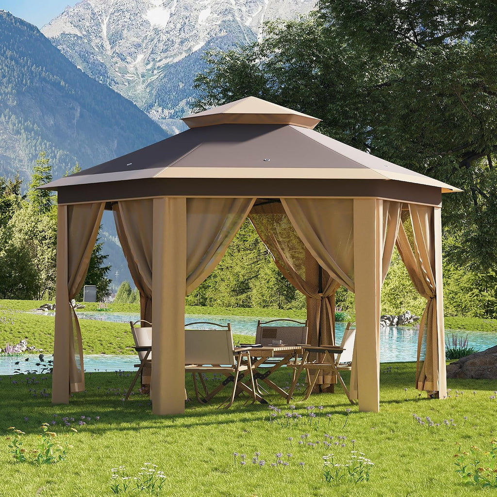 13 x 13FT Pop Up Gazebo, Instant Canopy Tent with Mosquito Net & Double Roof, Pop Up Canopy Tent Adjustable Height for Patio, Party, Gray&Khaki