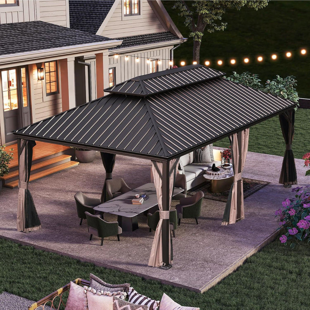 Domi 14x24FT Outdoor Gazebo, Hardtop Gazebo with Galvanized Steel Double Roof, Metal Gazebos with Drainage System for Patio Deck Backyard,Curtain and Netting,Brown