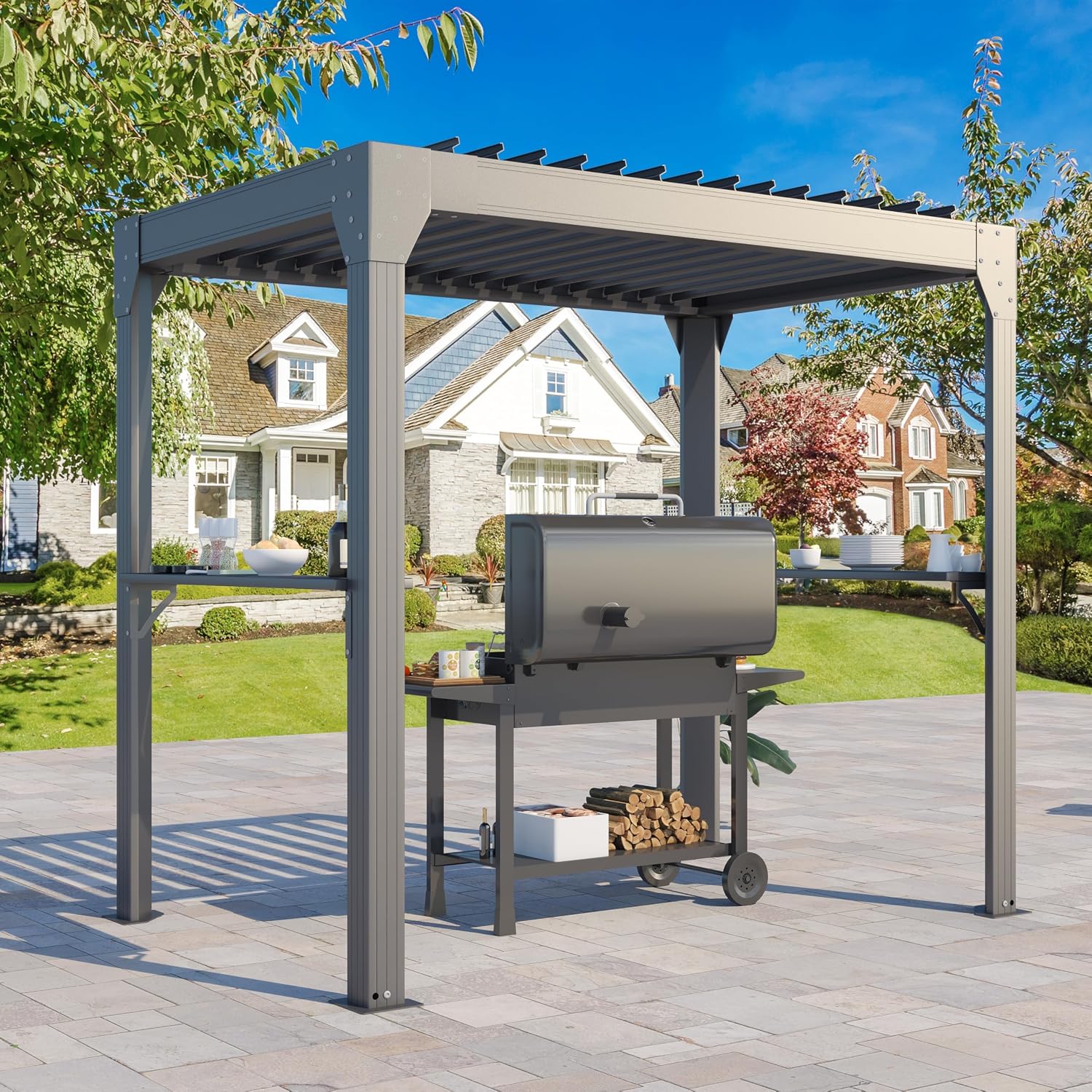 MELLCOM Grill Pergola 8x5.2ft with Adjustable Louvered Roof, Aluminum Gazebo with 2 Shelves & Rain Gutter, Weatherproof Outdoor Shelter for BBQ & Patio, Black