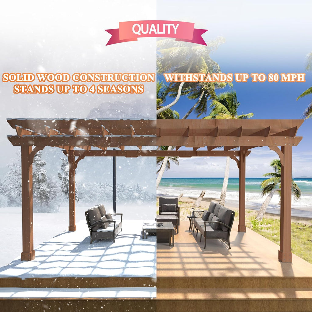 VEIKOU 12x16FT Wood Pergola, Patio Pergola with Solid Cedar Structure, Outdoor Backyard Gazebo with Unparalleled Flat Slatted Roof Trellis for Deck Grill Party Garden