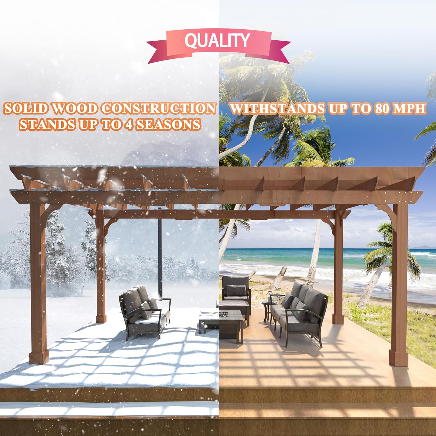 VEIKOU 12x16FT Wood Pergola, Patio Pergola with Solid Cedar Structure, Outdoor Backyard Gazebo with Unparalleled Flat Slatted Roof Trellis for Deck Grill Party Garden