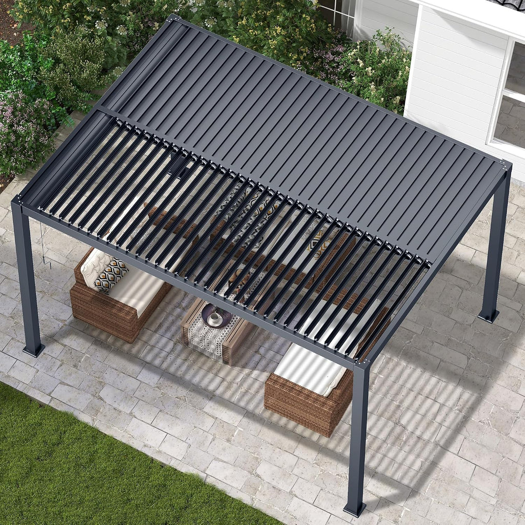 Louvered Pergola 12'x16', Metal Patio Outdoor Pergola with Adjustable Rainproof Roof for Outdoor Deck Garden & Yard, Metal Hardtop Gazebo for Grill, Black