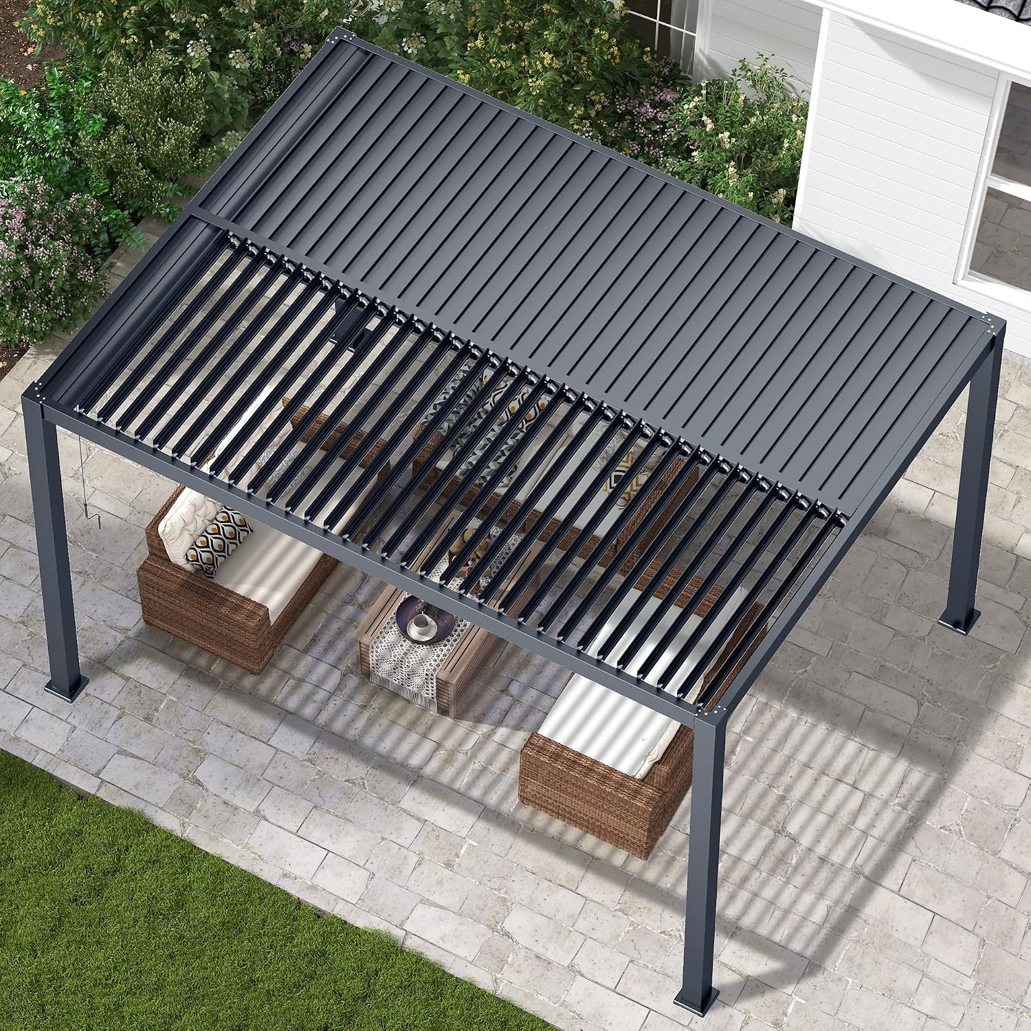 Louvered Pergola 12'x16', Metal Patio Outdoor Pergola with Adjustable Rainproof Roof for Outdoor Deck Garden & Yard, Metal Hardtop Gazebo for Grill, Black