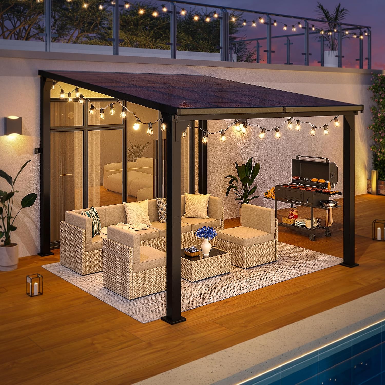 10 * 10FT Pergola,4 * 4 Inch Thickened Pillars & Enlarged Base,Outdoor Hardtop Lean to Gazebo,Wall Mounted Pergola,Pergolas Gazebos Clearance,Aluminum Frame Pergola,UV Resistant Patio Roof