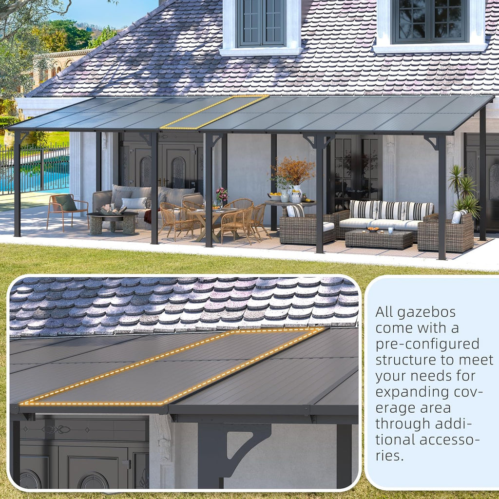 AECOJOY 28' x 10' Gazebo for Patio, Large Wall-Mounted Hard Top Lean-to Gazebo Pergola with Roof 10' x 28' on Clearance, Heavy Duty Patio Awnings for Decks, Backyard