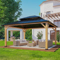 EAGLE PEAK 13x15 Hardtop Gazebo, Galvanized Steel Double Roof Gazebo with Cedar Wood Frame, Outdoor Pavilion for Patio, Deck, Lawn and Garden, Natural Wood/Black