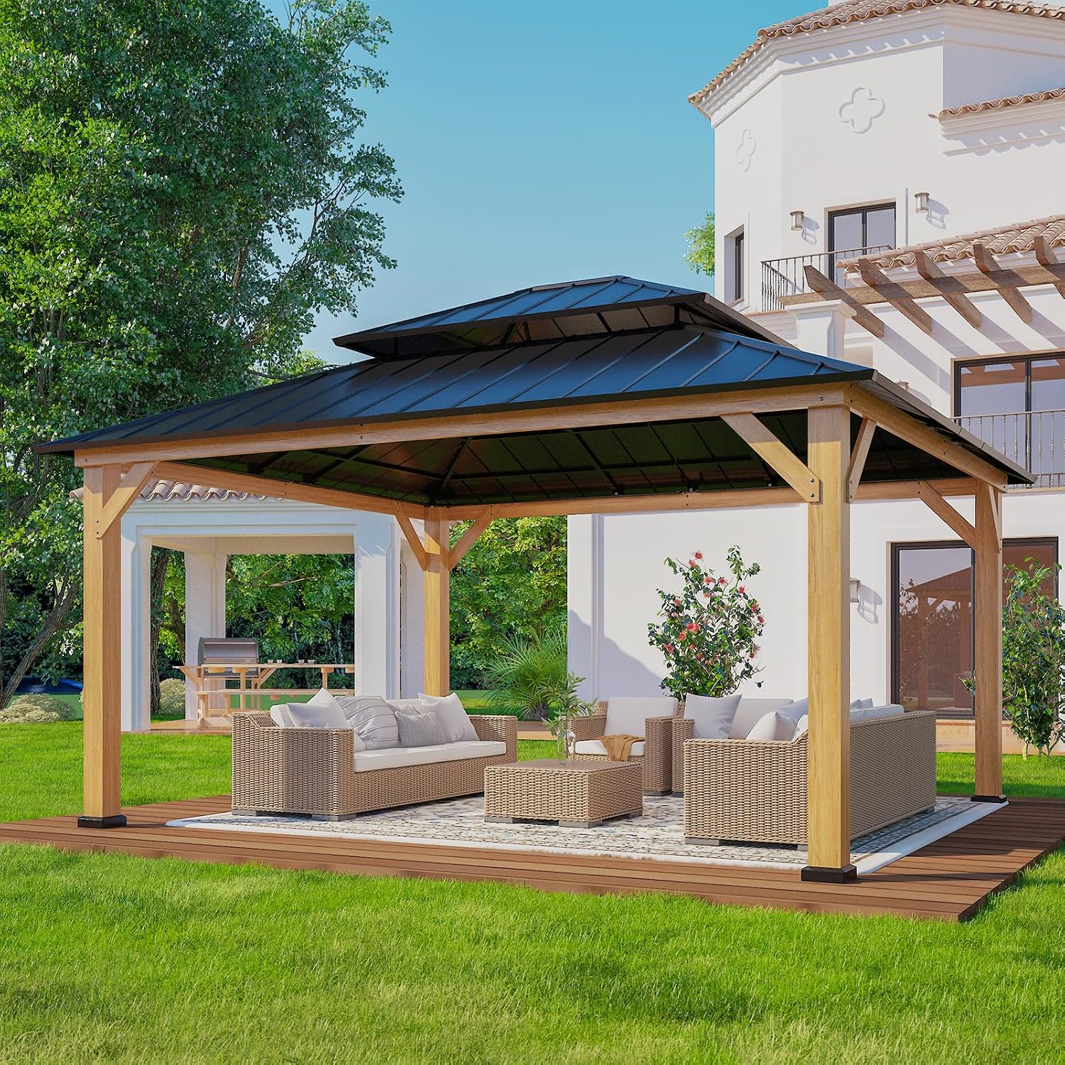 EAGLE PEAK 13x15 Hardtop Gazebo, Galvanized Steel Double Roof Gazebo with Cedar Wood Frame, Outdoor Pavilion for Patio, Deck, Lawn and Garden, Natural Wood/Black