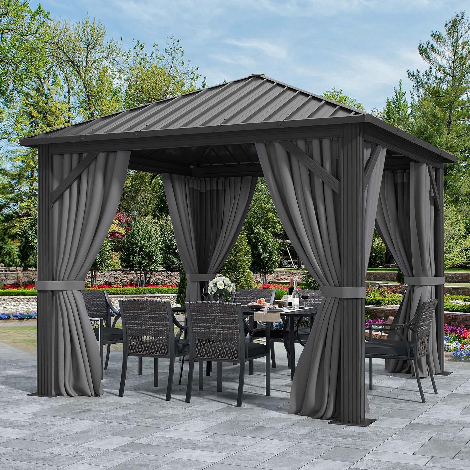 YITAHOME 10'X10' Metal Hardtop Gazebo Outdoor Patio Single Top Canopy Galvanized Iron Garden Tent Curtains Netting for Backyards Decks Lawns,Gray