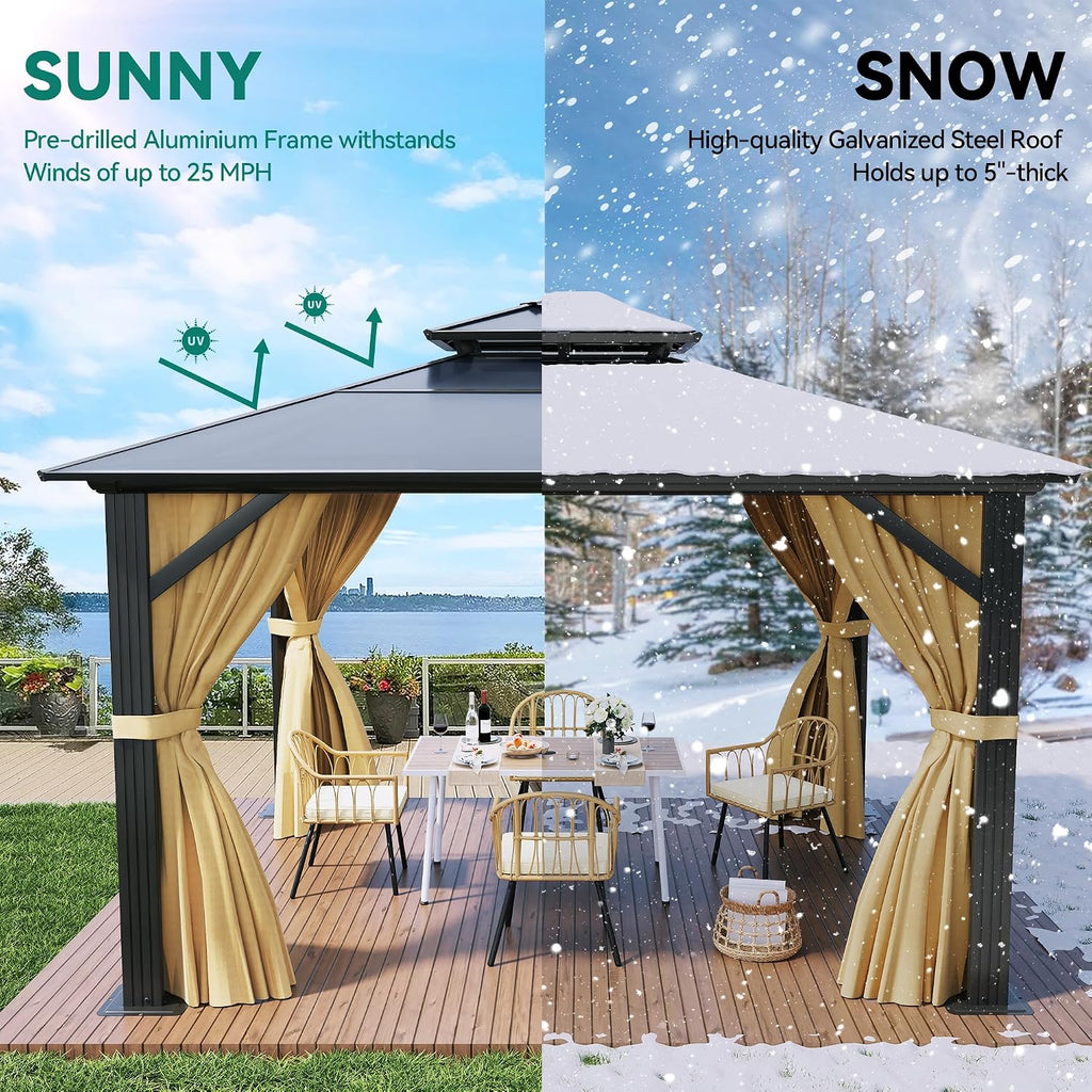 YITAHOME 10x10FT Gazebo Hard-Top Double Roof Canopy Outdoor with Netting and Shaded Curtains, Aluminum Frame Polycarbonate Hardtop Garden Tent for Patio, Backyard, Deck and Lawns, Brown