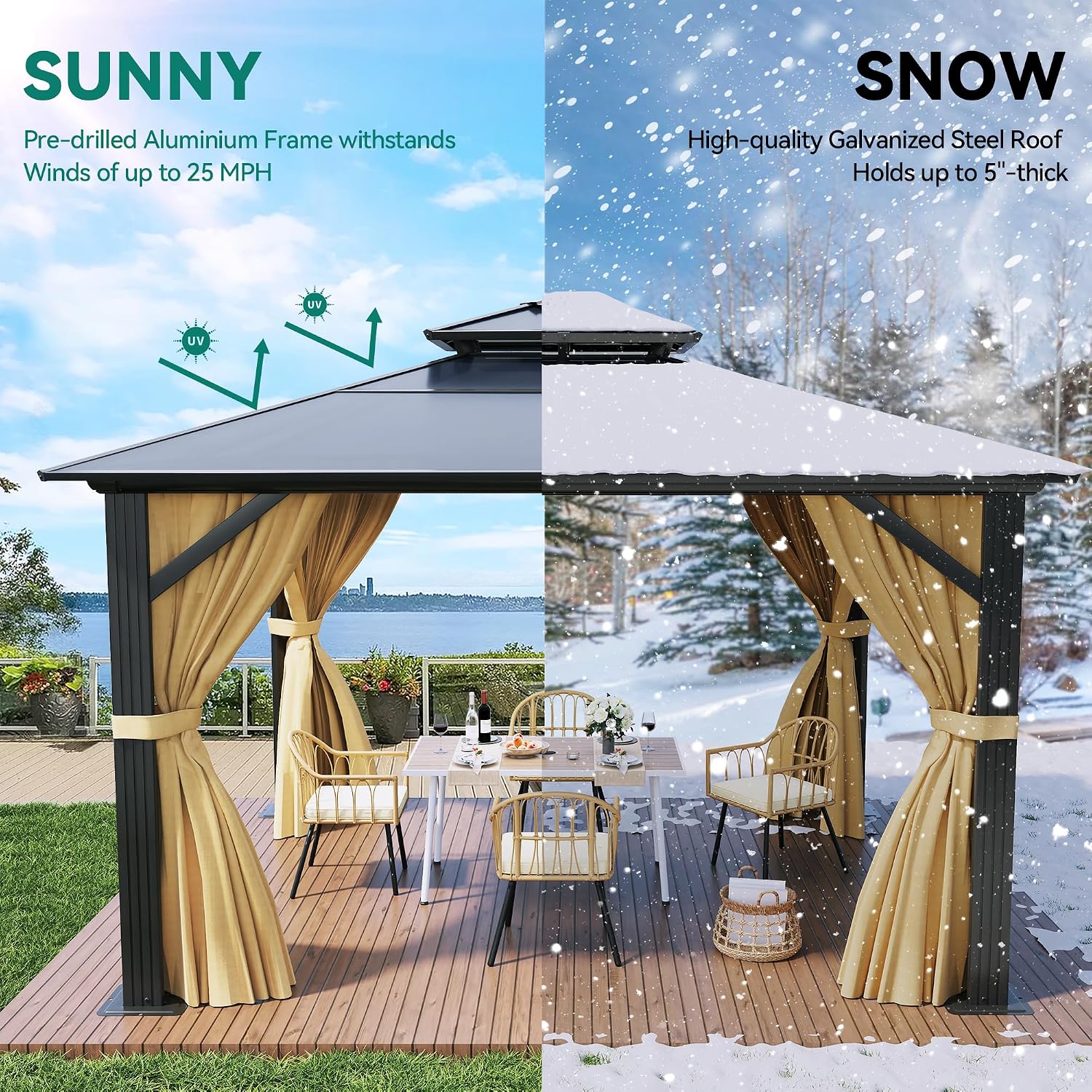 YITAHOME 10x10FT Gazebo Hard-Top Double Roof Canopy Outdoor with Netting and Shaded Curtains, Aluminum Frame Polycarbonate Hardtop Garden Tent for Patio, Backyard, Deck and Lawns, Brown