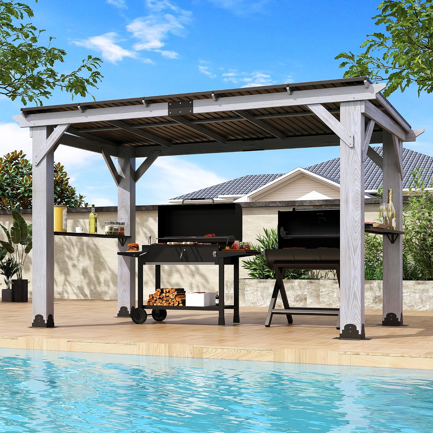 6.5x12.5 FT Wood Grill Gazebo, BBQ Wooden Gazebo with Hardtop Galvanized Steel Roof, Outdoor Cedar Wood Gazebos with 2 Side Shelves for Barbecue, Garden, Deck