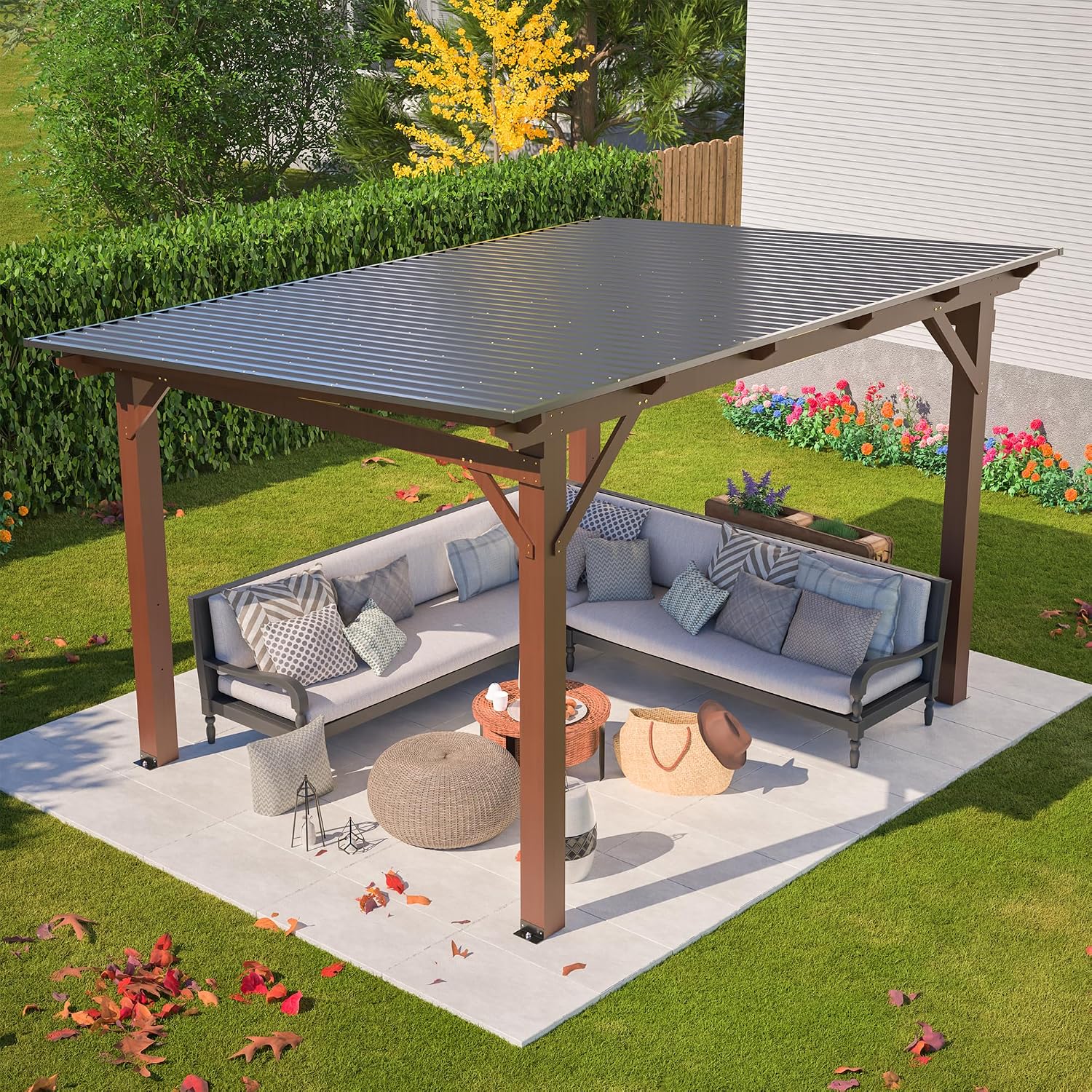 10' x 13' Hardtop Gazebo, Outdoor Pergola with Metal Roof, Grill Gazebo with Wooden Frame & Galvanized Steel Lean to Canopy, Pavilion for Patio, BBQ,Backyard, Garden, fir Wood