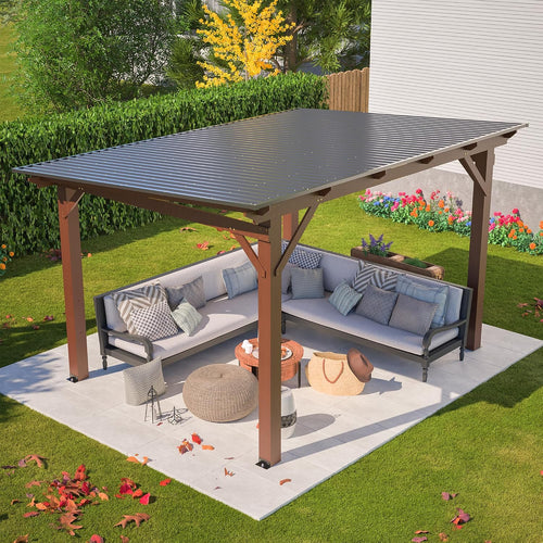 10' x 13' Hardtop Gazebo, Outdoor Pergola with Metal Roof, Grill Gazebo with Wooden Frame & Galvanized Steel Lean to Canopy, Pavilion for Patio, BBQ,Backyard, Garden, fir Wood
