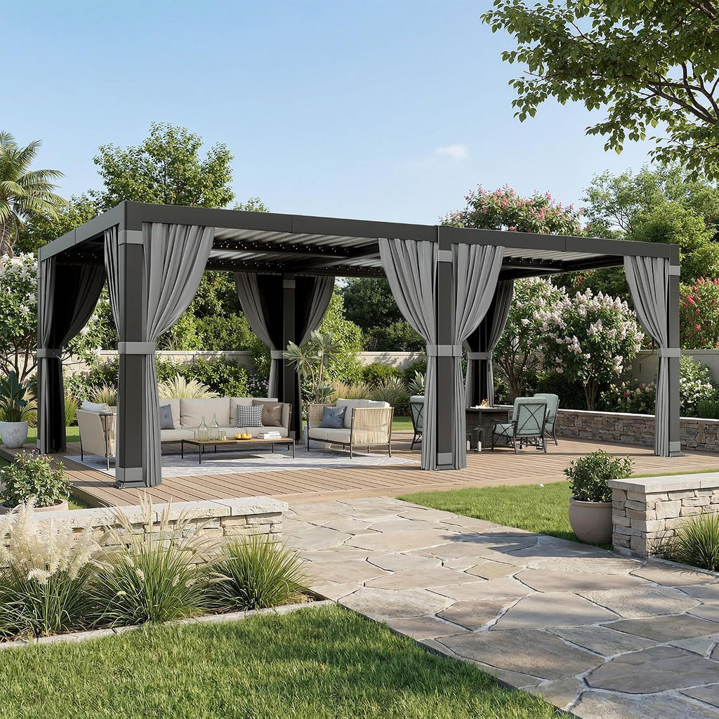 Airwire 12'x20' Louvered Pergola, Outdoor Pergola with 2 Independent Adjustable Roof and Drainage System, Aluminum Pavilion with Curtains & Netting, Hardtop Gazebo for Patio, Deck, Garden, Gray