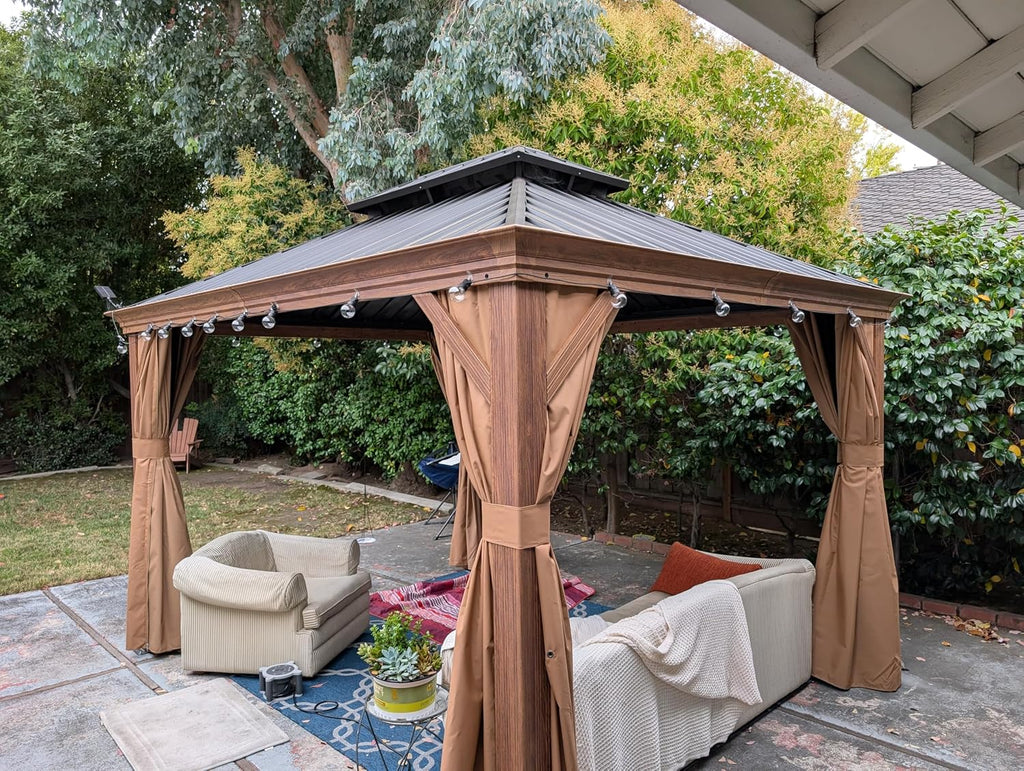 PURPLE LEAF 10' X 12' Outdoor Hardtop Gazebo for Patio Galvanized Steel Double Roof Permanent Canopy Teak Finish Coated Aluminum Frame Pavilion Gazebo with Netting and Curtains