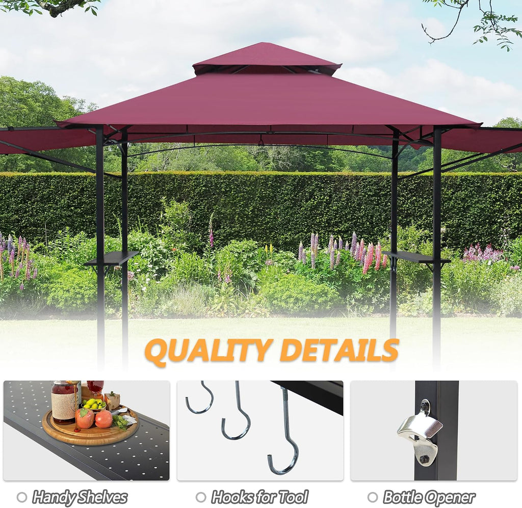 14 x 5Ft Grill Gazebo Outdoor BBQ Gazebo Canopy with Dual Side Awnings Double Tiered Grill Canopy for Patio, Garden, Beach (Red)