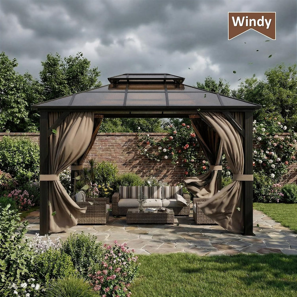 Polar Aurora 10'x12' Gazebo, Outdoor Hardtop Grill Gazebo with Aluminum Frame & Double Polycarbonate Roof 12x10 FT Pergola Include Curtain and Netting for Backyard, Patio, Lawn