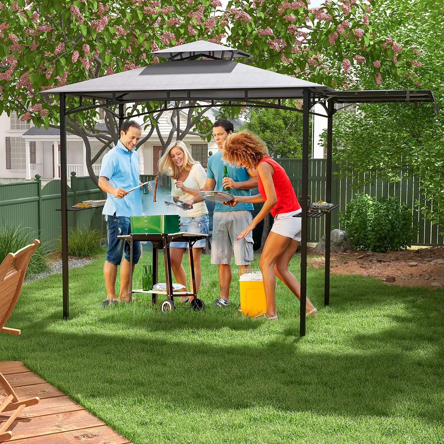 HAPPYGRILL Outdoor Grill Gazebo Canopy 11 x 5 FT, Barbecue Canopy with Double-Tiered Top, 2 Side Shelves, Hanging Hooks, Bottle Opener, Metal Frame, BBQ Grilling Shelter