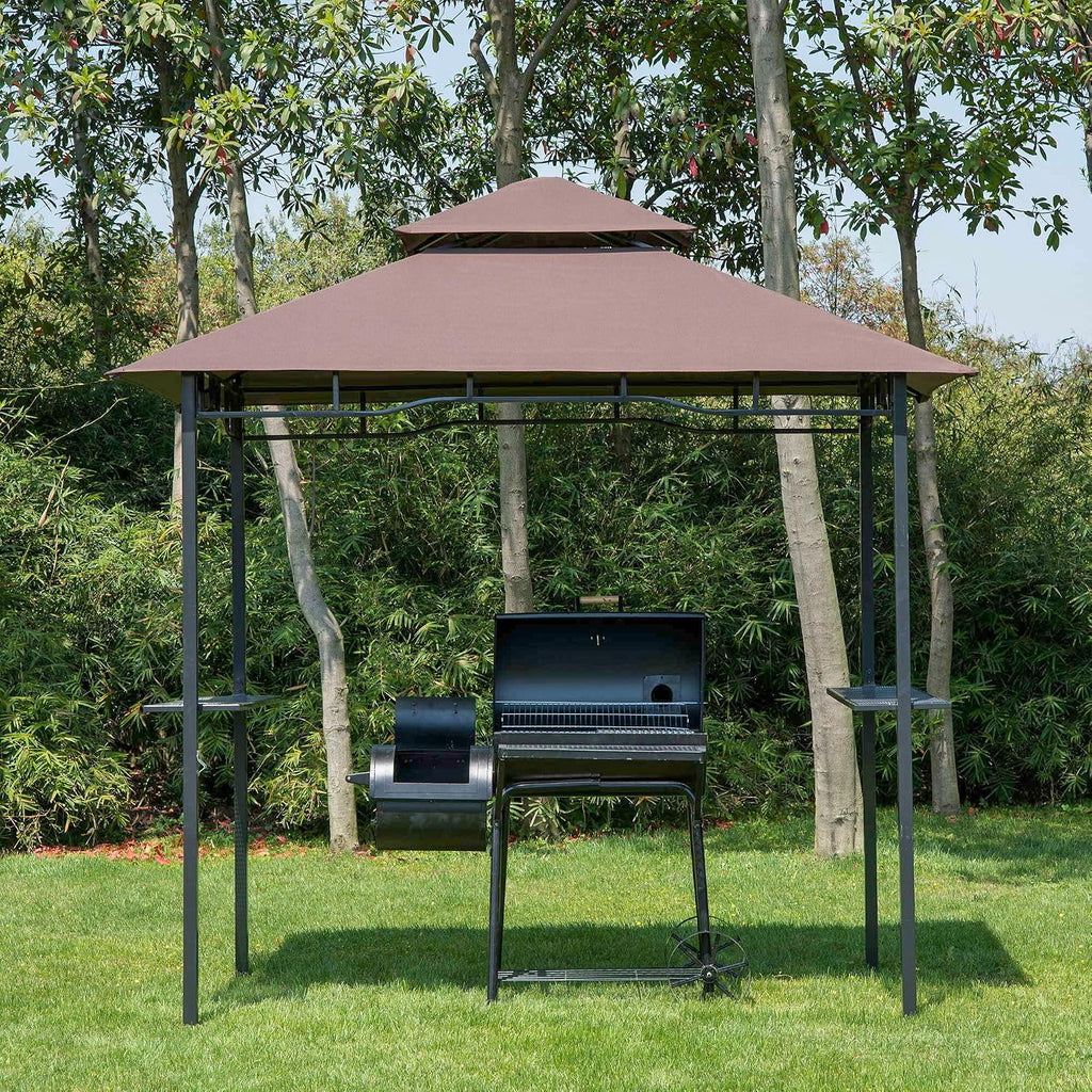 Outsunny 8' x 5' Grill Gazebo with Double Roof, Outdoor BBQ Gazebo with 2 Side Shelves, Steel Grill Tent Canopy for Patio Yard Garden, Coffee